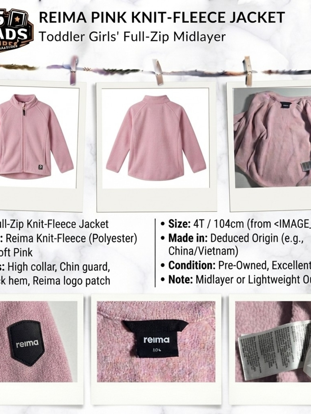 Reima Toddler Girls' Pink Knit-Fleece Full-Zip Jacket